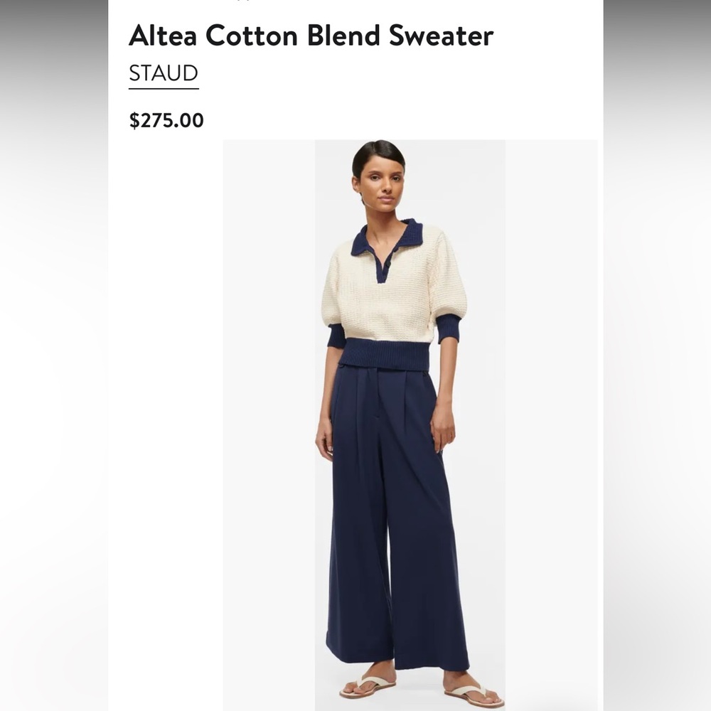 STAUD Altea Sweater NWT Size M Cream Navy Waffle Knit Polo Cropped Pullover